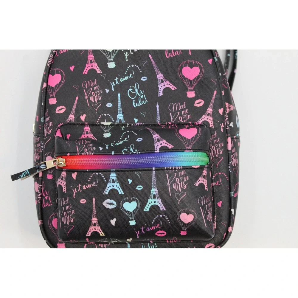Paris Theme Mini Backpack Black Faux Leather Rainbow Zipper Eiffel Tower Print